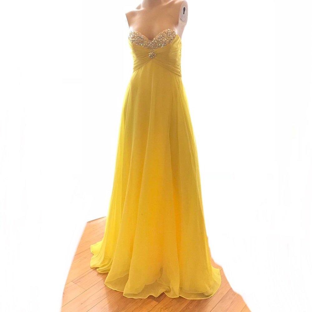 Yellow Mori Lee Beaded Jeweled Long Gown Formal Dress - Picture 6 of 9